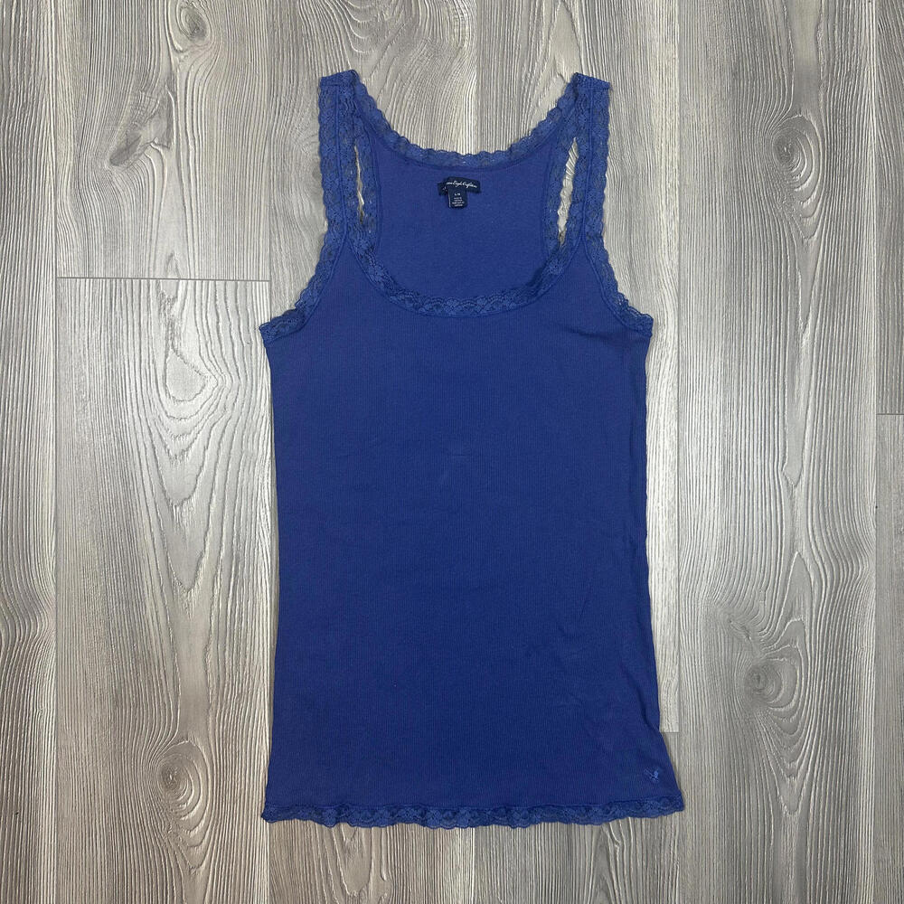 American Eagle Blue Ribbed‎ Long Tank Top with Lace Trim